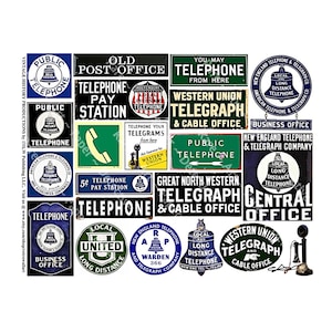 Telefoon- en telegraafborden, stickervel, vintage reisdagboeklabels, metalen telegraafborden, betaaltelefoon rijbaan, openbare betaaltelefoon, 218b