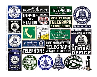 Telephone & Telegraph Signs, STICKER Sheet, Vintage Travel Journal Tags, Metal Telegraph Signs, Roadway Pay Phone, Public Pay Phone, 218b