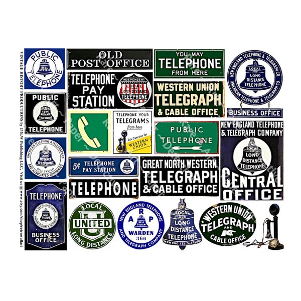 Telephone & Telegraph Signs, STICKER Sheet, Vintage Travel Journal Tags, Metal Telegraph Signs, Roadway Pay Phone, Public Pay Phone, 218b