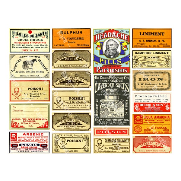 Old Fashioned Medicine Cabinet Stickers, Apothecary Poison Labels, 21 Adhesive Medicine Bottle Labels, Antique Pharmacy & Drug Store, 893