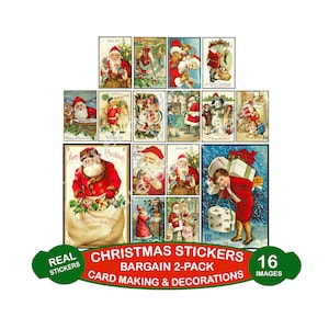 Stickers kerstkaarten maken, luxe set van 16 ansichtkaartafbeeldingen, elk 4 x 2,5 inch, kerstman, 2 doe-het-zelf-vellen, 2P75