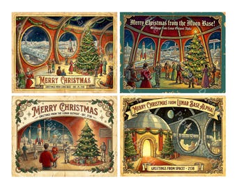 Christmas Space Age Sci-Fi Stickers for Card Making and Decor, 4 Big Retro Postcards Sticker Illustrations, Cut and Peel Sheet, 1553