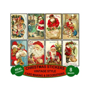 8 kerststickers, deluxe set ouderwetse ansichtkaartafbeeldingen, elk 4 "x 2,5", santa claus & merry christmas cut en peel sheet, 843