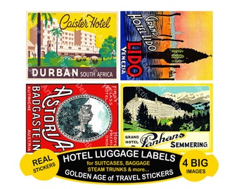 Suitcase Decal STICKERS, 4 JUMBO Sized Hotel Baggage Labels on a Cut and Peel Sheet, 5" x 3.75" each, Steam Trunks & Luggage Labels, 1241