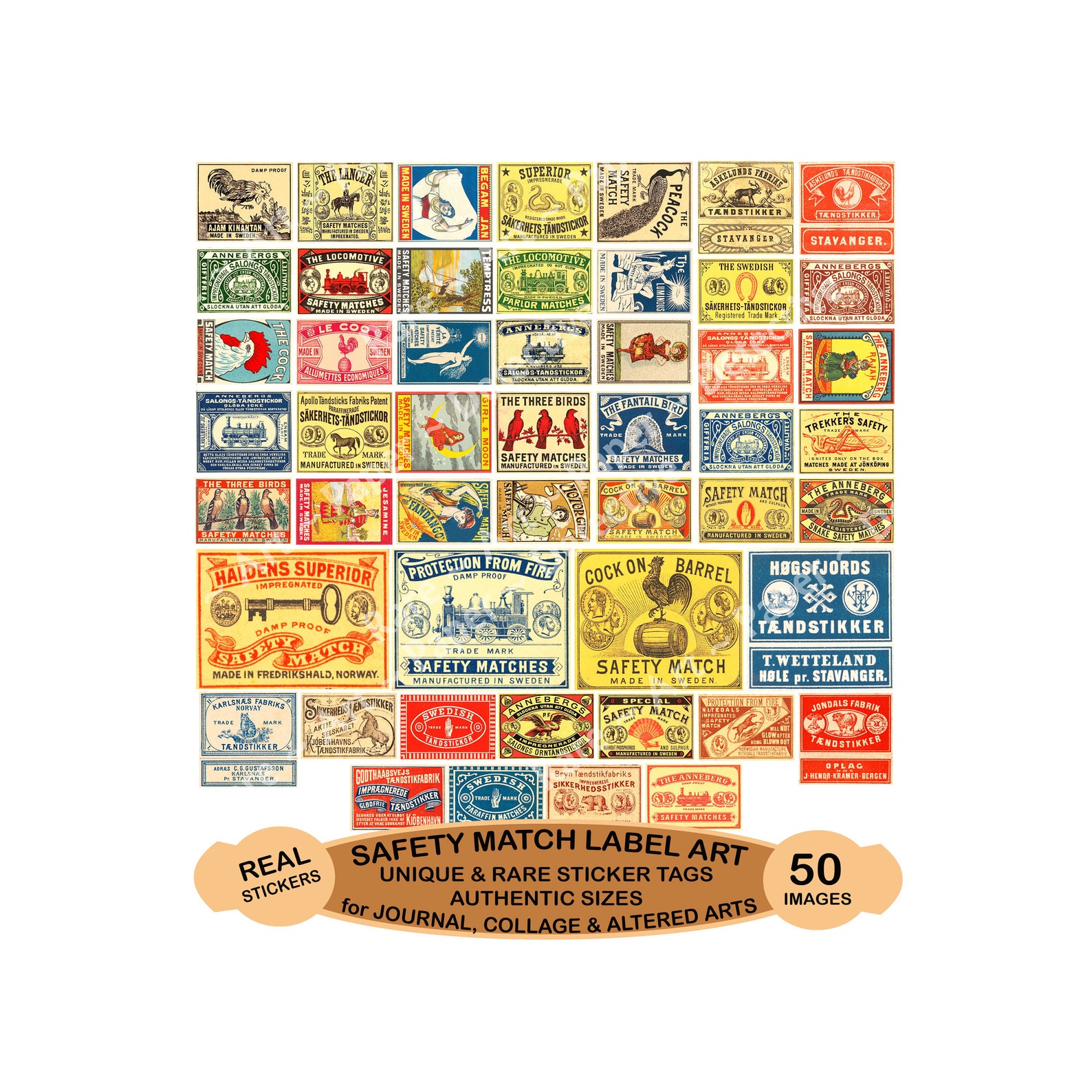 Safety Match Label Stickers, Authentic Sizes, 2