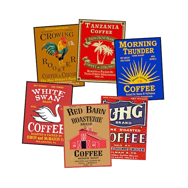 Coffee Can Label Art Stickers, Kitchen Gift Set, 6 Big Colorful 4" x 3" Labels, Pantry Storage Decor, Roasterie Vintage Label Art Signs, S34