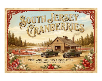 South Jersey Cranberries, Vineland New Jersey 1940s Style Fruit Crate Label Art, Retro Advertising, 7" x 10" Matte Art Print , 26-a44