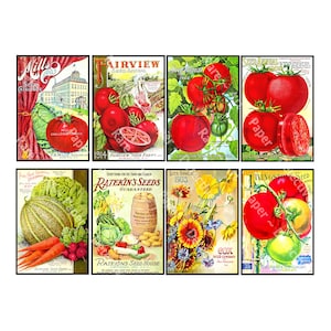 Adesivos de diário de jardim, 8 capas de catálogo de sementes antigas, decoração de cozinha, marcadores de horta de tomate, cozinha rústica e confecção de cartões, 859