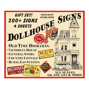 Dollhouse & Model Signs for Trains, 4 STICKER SHEETS, 200+ Signs, Vintage Advertising for Multi Scale Hobbies and Model Railroads, PACK10
