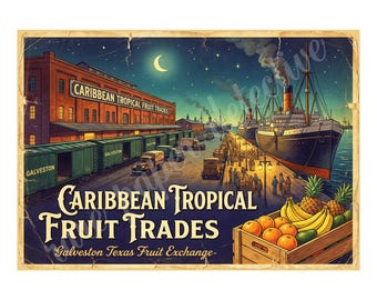 Caribbean Tropical Fruit Trades, 1940s Style Fruit Crate Label Art, Retro Advertising, 7" x 10" Matte Art Print , 26-a34