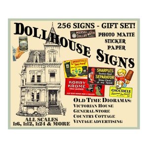Dollhouse Sign Stickers, Train Layout, 4 STICKER SHEETS, 256 Signs, Vintage Advertising for Multi Scale Hobbies and Model Railroads, PACK9