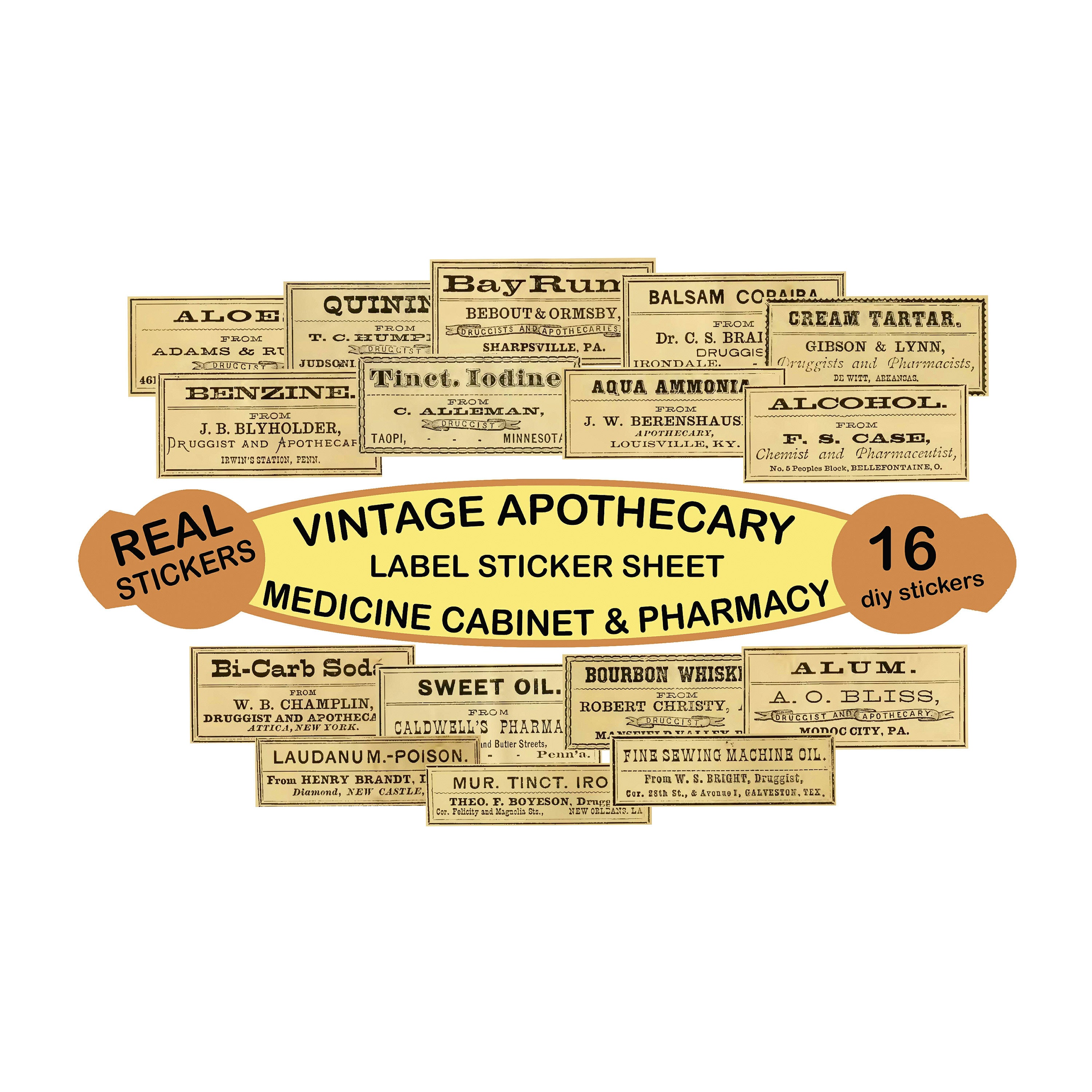 Apothecary Label Stickers, 16 Bathroom & Halloween Labels