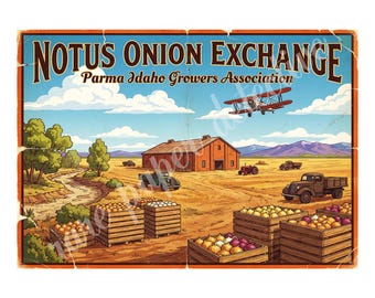 Notus Onion Exchange of Idaho 1940s Style Label Art, Retro Advertising, 7" x 10" Matte Art Print , 26-a18
