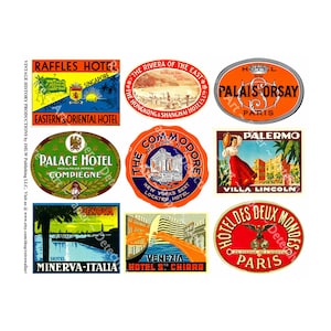 Hotel Luggage Labels, Sticker Sheet, Retro Art Paper Suitcase Decals, Steam Trunk Travel Journal Accent, Baggage Tags, CUT & PEEL Sheet, 8b