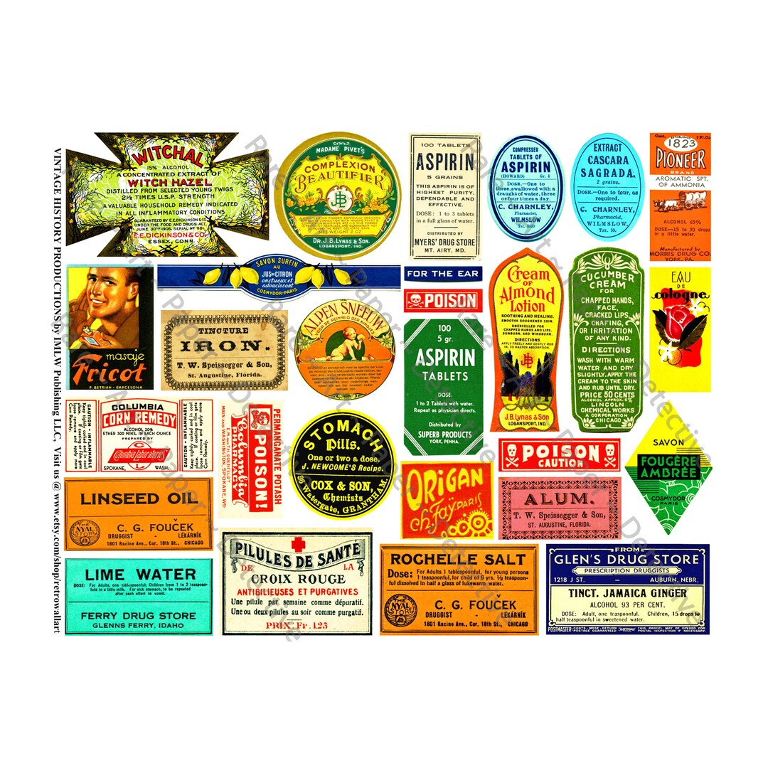 Antique Medicine Bottle Label Sticker Pack, Pharmacy Bottles, Druggist Decals, Bathroom Décor