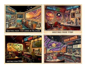 Space Adventure Stickers, Lonely Moon Diner, Mid-Century Modern Style, 4 Retro Vacation Labels, Cut and Peel Sheet, 1552