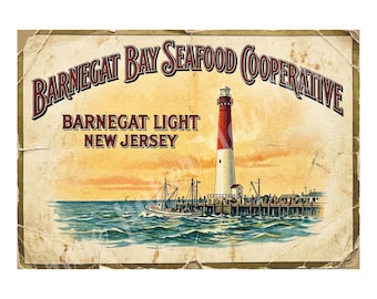 Barnegat Bay Seafood Cooperative 1940s Style Seafood Box Label Art, Retro Advertising, 7" x 10" Matte Art Print , 26-a22