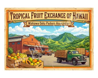 Tropical Fruit Exchange of Hawaii 1940s Style Fruit Crate Label Art, Retro Advertising, 7" x 10" Matte Art Print , 26-a20