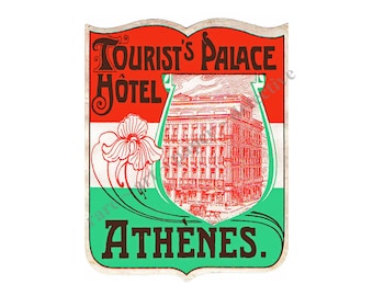 Travel Theme, Hotel Luggage Label Sticker - Luggage Label Suitcase Sticker Label, Athens Greece Hotel Travel Trunk Decal, Palace Hotel, D136