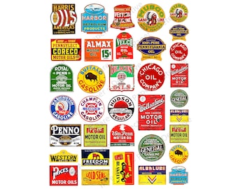 38 Oil and Gasoline Advertising Signs, Model Railroad Signs, Sticker Sheet, Hobby Images, Miniature Rusty Metal Signs, 1585