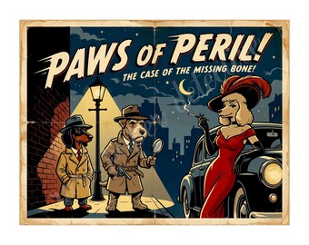 Retro Movie Poster, Classic 1950s Cinema Print, Paws of Peril, Dog Detectives, 8" x 10.5" Matte Finish Art Accent Print, e9
