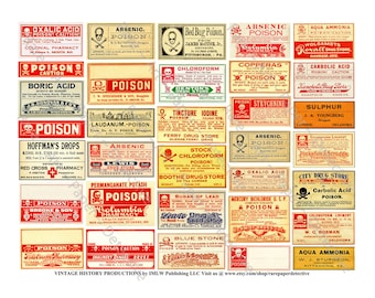 Poison Bottle Labels, Apothecary Label Stickers, Pharmacy Bottle, Antique Druggist, Bathroom Décor, Halloween DIY Projects & Décor, 446b