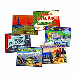 Suitcase Stickers from the Golden Age of Travel, Steam Trunk Hotel Luggage Labels, 6 Adventure Theme Baggage Tags, Scrapbook Decal, S3