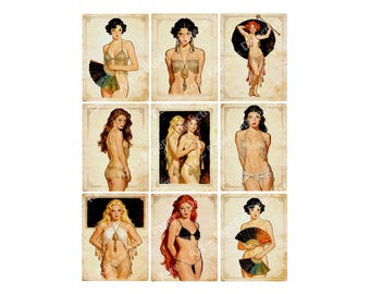 Sassy Pinup Girl Sticker Tags, Junk Journal & Collage Crafters, 9 Tags at about 3.5" tall each, Cut and Peel Sheet 1563