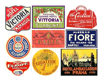 Travel Stickers, Luggage Labels, 9 Baggage Tags, CUT & PEEL Sheet, Golden Age of Travel Suitcase Decals for Travel Trunks, 294T