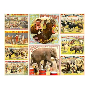 Posters circusdierenshow, miniatuurformaat voor plakboeken en tijdschriften, vintage reclame, vel knippen en pellen, 1124