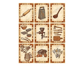 Kitchen Sticker Tags and Junk Journal & Collage Crafters Antique Old World Style, 9 Tags at about 3.5" each, Cut and Peel Sheet 1569