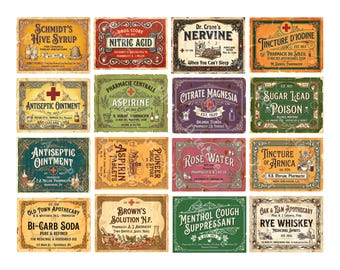 Medicine Label Stickers Old Fashioned 1930s Apothecary Cabinet Decor, 16 Labels, Easy Cut and Peel Sheet, 1452