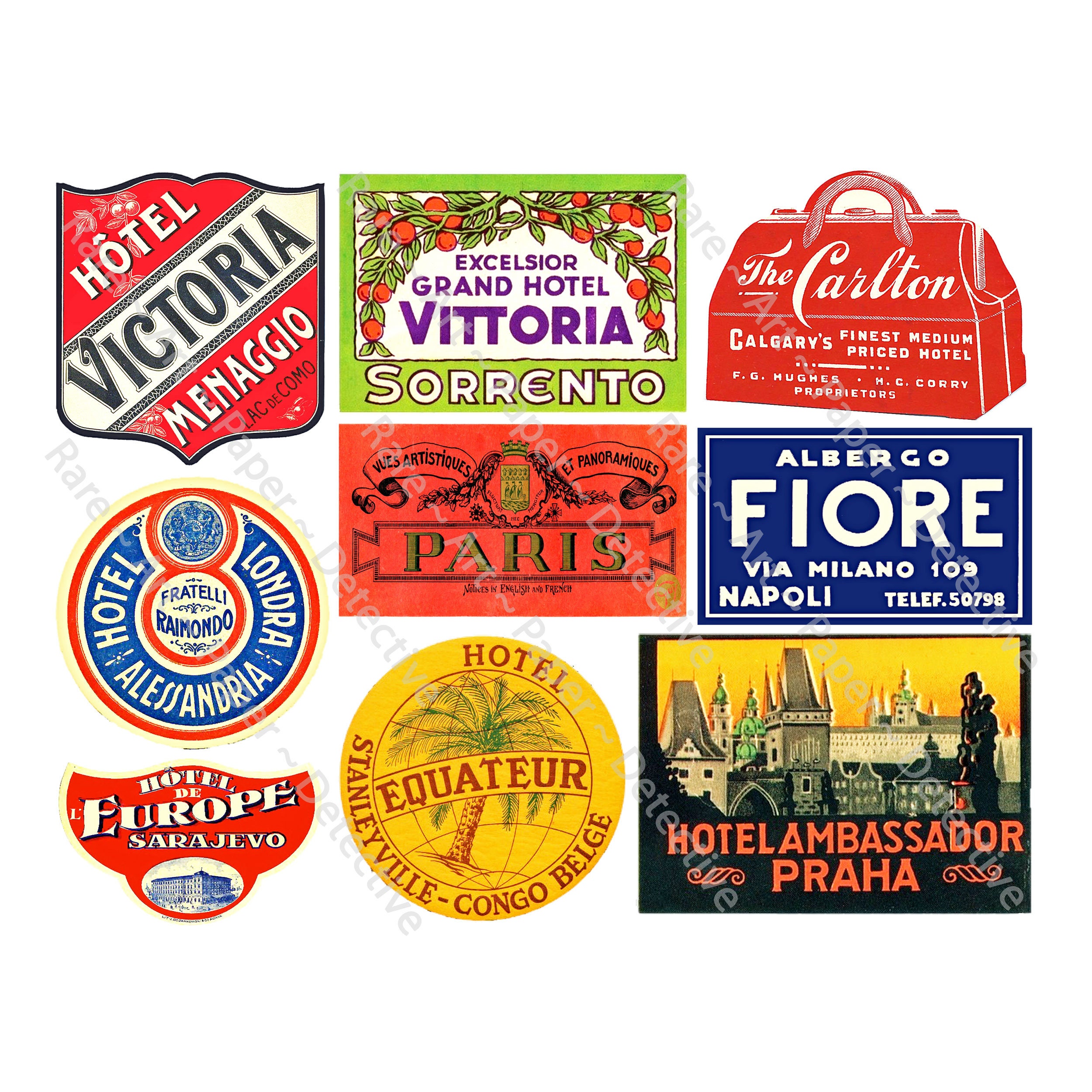Travel Stickers, Luggage Labels, 9 Baggage Tags, CUT & PEEL Sheet, Golden Age of Travel Suitcase Decals for Travel Trunks, 294P