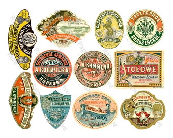 Antique Beer Label Stickers featuring Eastern European Lager Decals, 11 authentic looking old Fashioned labels, CUT & PEEL Sheet, 1229