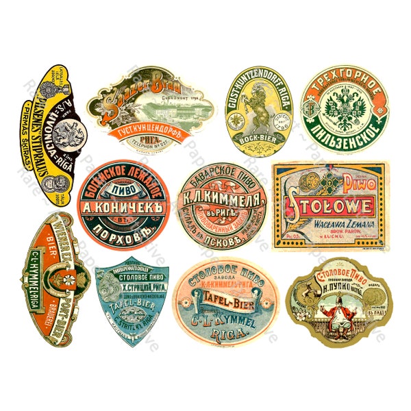 Antique Beer Label Stickers featuring Eastern European Lager Decals, 11 authentic looking old Fashioned labels, CUT & PEEL Sheet, 1229