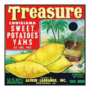 Kitchen Décor, Sweet Potato Fruit Crate Label, 8&quot; x 8&quot;, Retro Home Décor, Antique Wood Crate Label, Louisiana Yam REPRODUCTION, 16-48