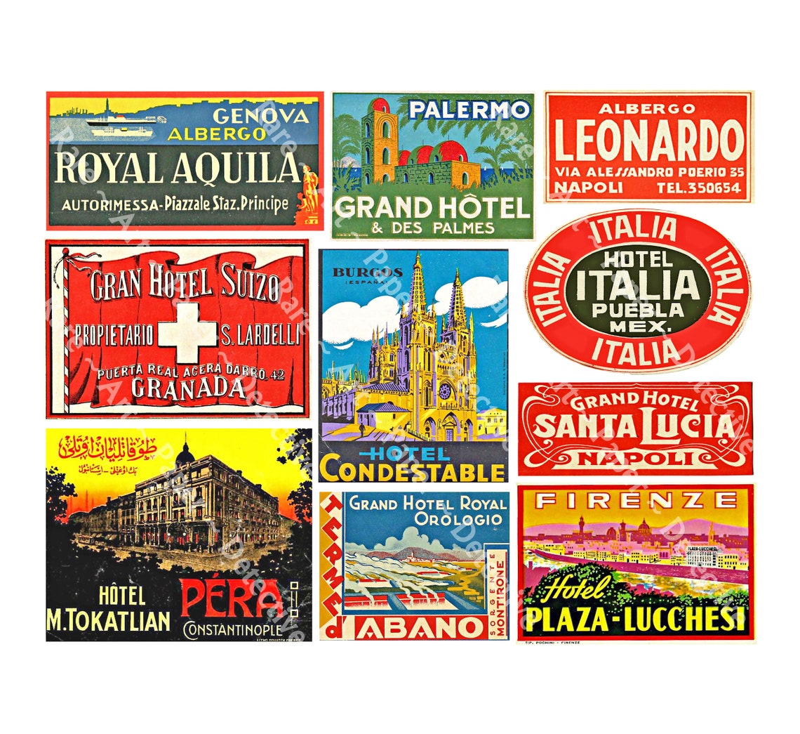 Hotel Luggage Labels, Printed Travel Stickers, Retro European Labels ...