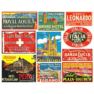 May include: A collection of vintage travel posters advertising hotels in Italy, Spain, and Turkey. The posters feature colorful illustrations of buildings, cityscapes, and landscapes. The text on the posters includes the hotel names, locations, and slogans.