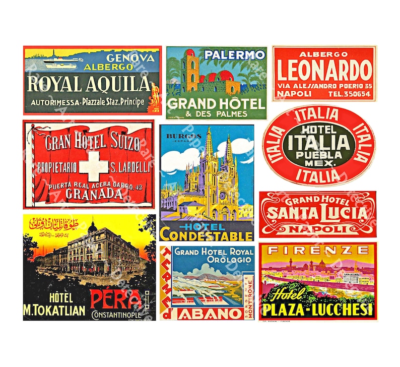 May include: A collection of vintage travel posters advertising hotels in Italy, Spain, and Turkey. The posters feature colorful illustrations of buildings, cityscapes, and landscapes. The text on the posters includes the hotel names, locations, and slogans.