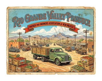 Productos del Valle del Río Grande, Arte de etiquetas de cajas de fruta estilo años 50, Publicidad retro, Impresión artística mate de 10.5" x 8", 26-a58