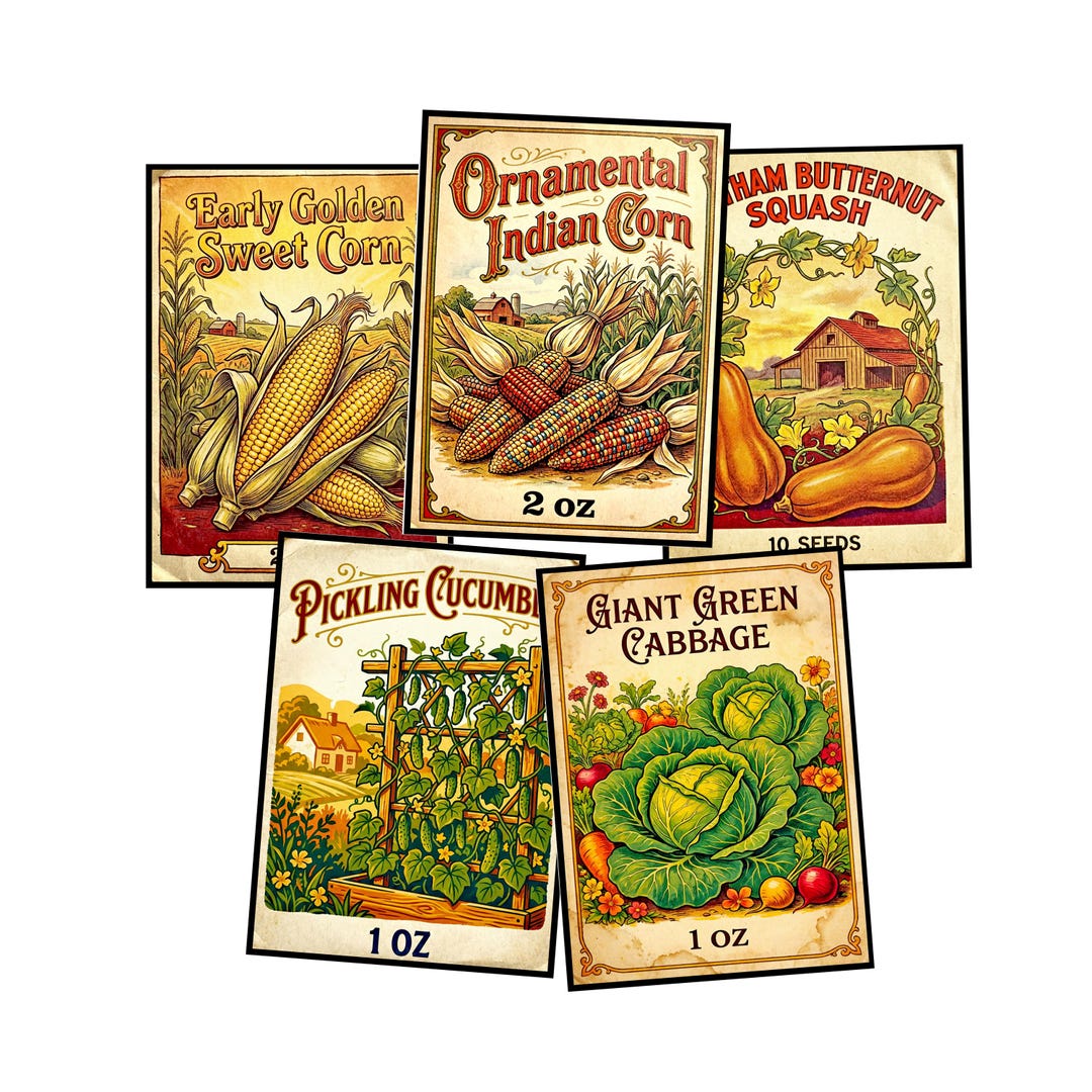 Seed Packet Stickers With a Beautiful Antique Designs, 5 Ready to Use ...