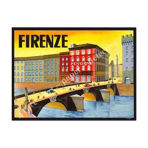 Può includere: Una cartolina vintage con un'illustrazione colorata di un ponte a Firenze, Italia. La cartolina ha il testo "FIRENZE" in grassetto nero in alto. Il ponte è marrone con archi gialli e si trova sopra un corpo d'acqua blu. Ci sono edifici su entrambi i lati del ponte, tra cui un edificio rosso con il testo "PENSIONE GIOLI" in lettere bianche.