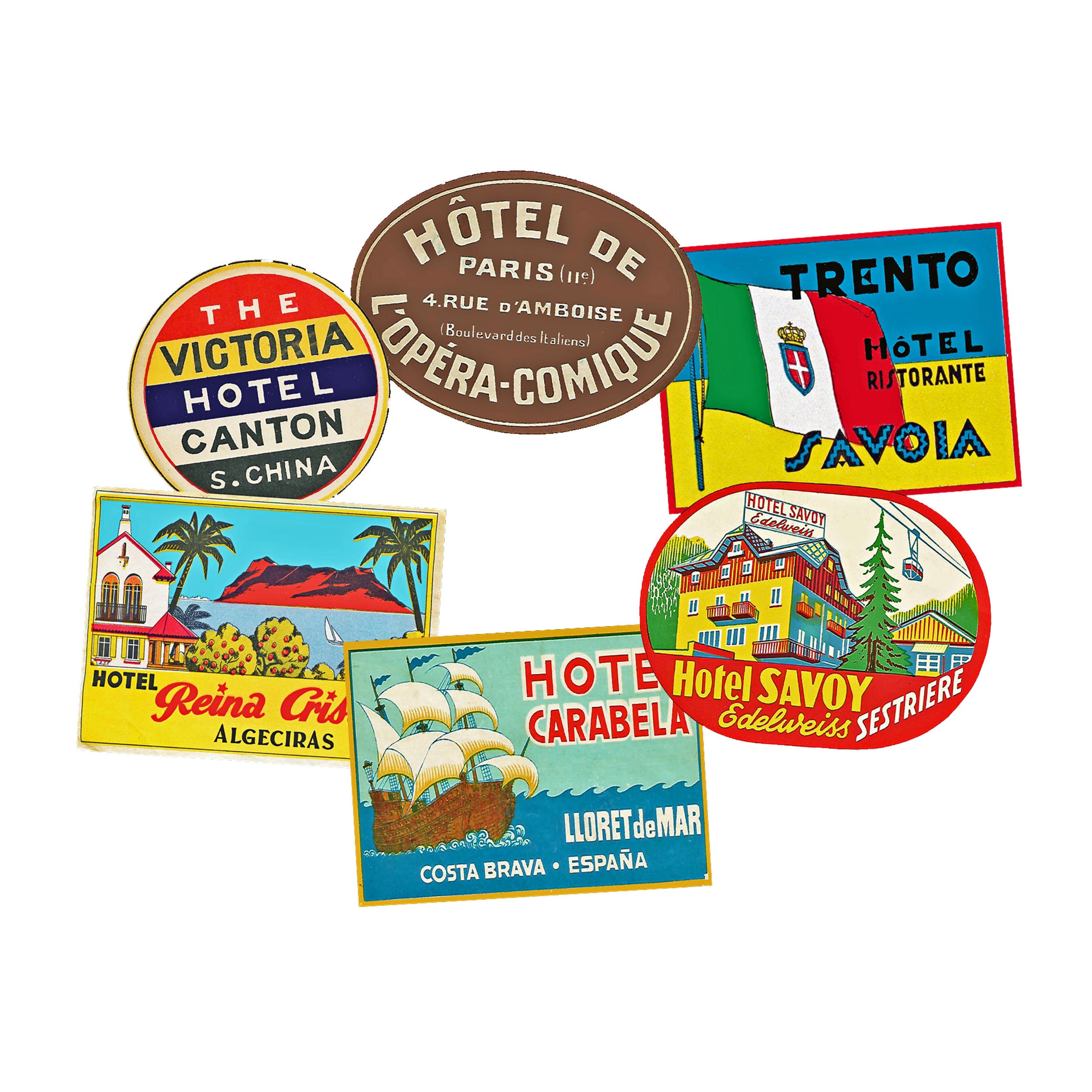 Hotel Stickers, Luggage Labels, Set of 6 Big & Colorful Golden Age of ...