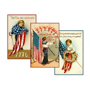 4. Juli Prints, 3er-Set, Vaterländische Flagge Dekoration Illustrationen, authentische 3,5 "x 5,5" Postkartengröße, S18