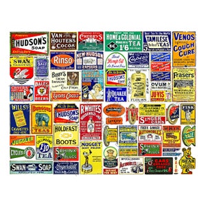 May include: A vintage collage of colorful advertising signs from the early 1900s. The signs advertise various products, including soap, tea, tires, and automobiles. The signs are arranged in a grid pattern and feature a variety of fonts and illustrations.