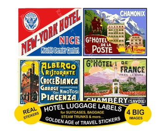 Hotel Luggage Label STICKERS, 4 JUMBO Sized Suitcase Decals on a Cut and Peel Sheet, 5" x 3.75" each, Steam Trunks & Luggage Labels, 1245