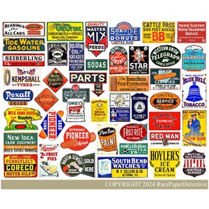 May include: A collection of vintage advertising signs featuring various products and services. The signs are colorful and feature a variety of fonts and illustrations. Some of the signs include: "Tide Water Gasoline", "Seiberling Tires", "Rexall Drugs", "Quality Master Mix", "Sunrise Donuts", "Cattle Pass", "Western Union Telegraph", "Harbor Petroleum Products", "The Long Bell Post Everlasting", "Swift's Fertilizer", "Hudson's Soap", "Froze Rite Ice Cream", "Red Man Chewing Tobacco", "Hoyler's Ice Cream", "South Bend Watches", and "Mutual Telephone Waysides Service".