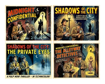 Nostalgic Retro 1950s Detective Movie Poster Stickers for Decor Making, 5" x 4" each, Easy Cut and Peel Sheet, 1550