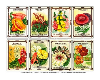 Antique Kitchen Seed Pack Art, Sticker Sheet, Vintage Seed Packs, Garden Greenhouse Sign, Rustic Garden Shed, Botanical Ephemera Paper, 626