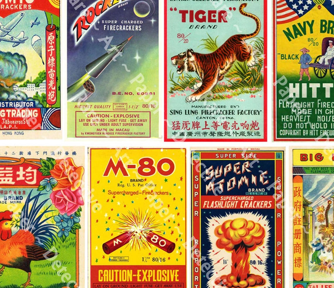 Fire Cracker Labels, Printed Sheet, Chinese Fire Works Wrappers, Fourth ...